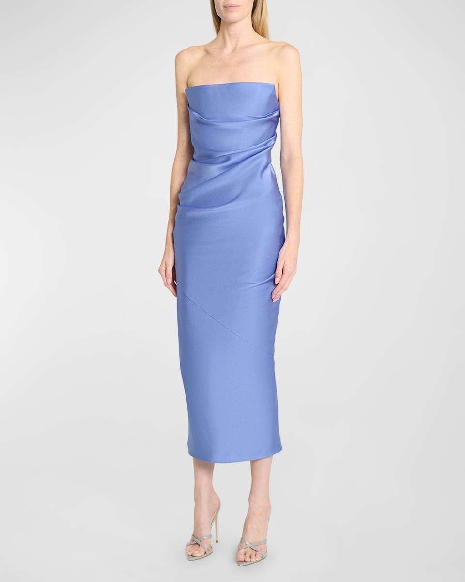 Satin Crepe Strapless Draped Midi Dress